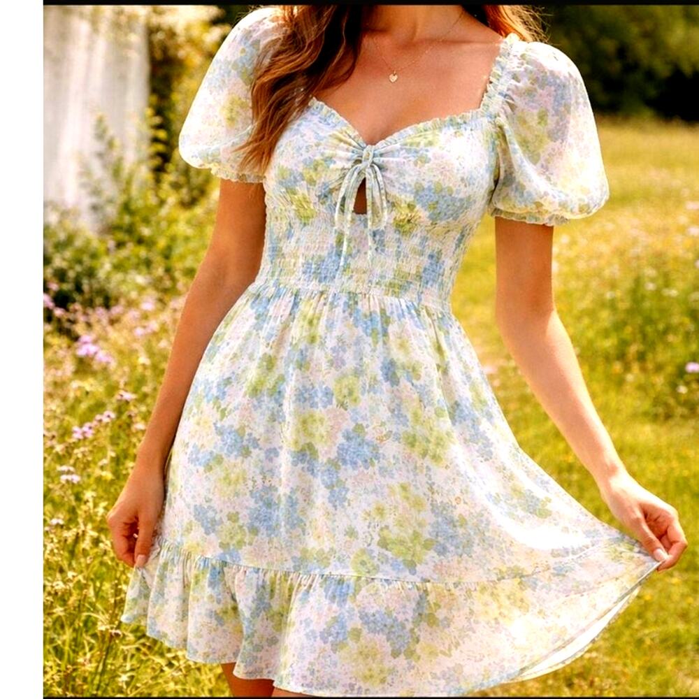 Steve Madden Babydoll Dress M Smocked Ruffle Dainty Floral White Blue Green Pink